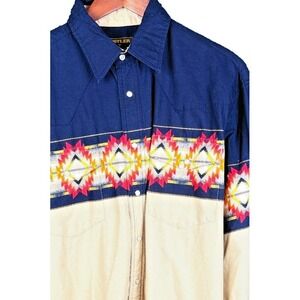 RUSTLER BY WRANGLER Western Pearl Snap Shirt Mens LT Blue Tan Southwest Aztec